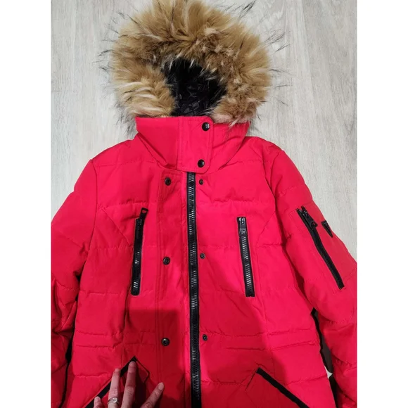 GUESS Puffer Parka Jacket Faux Fur Hood Red S/CH/XS Zip Pockets Winter Used - Picture 2 of 13